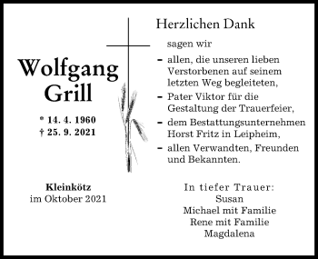 Traueranzeige von Wolfgang Grill von Günzburger Zeitung