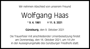 Traueranzeige von Wolfgang Haas von Günzburger Zeitung