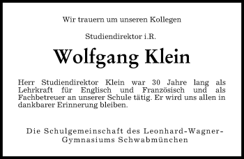 Traueranzeige von Wolfgang Klein von Schwabmünchner Allgemeine