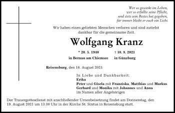 Traueranzeige von Wolfgang Kranz von Günzburger Zeitung