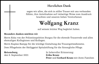 Traueranzeige von Wolfgang Kranz von Günzburger Zeitung