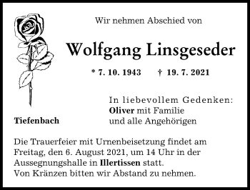 Traueranzeige von Wolfgang Linsgeseder von Illertisser Zeitung