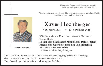 Traueranzeige von Xaver Hochberger von Donauwörther Zeitung
