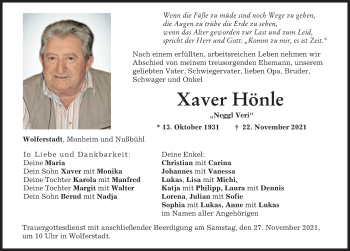 Traueranzeige von Xaver Hönle von Donauwörther Zeitung