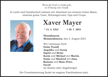 Traueranzeige von Xaver Mayer von Mittelschwäbische Nachrichten