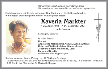 Traueranzeige von Xaveria Markter von Allgäuer Zeitung, Marktoberdorf