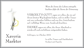 Traueranzeige von Xaveria Markter von Mindelheimer Zeitung
