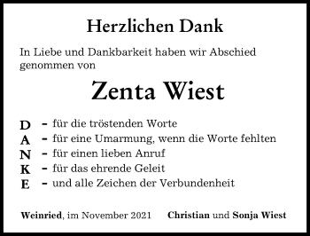 Traueranzeige von Zenta Wiest von Illertisser Zeitung