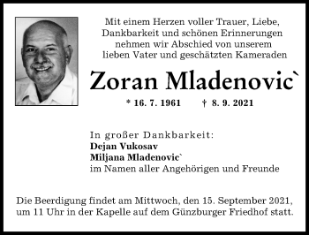 Traueranzeige von Zoran Mladenovic von Günzburger Zeitung