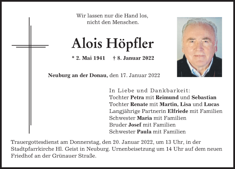  Traueranzeige für Alois Höpfler vom 17.01.2022 aus Neuburger Rundschau