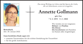 Traueranzeige von Annette Gollmann von Günzburger Zeitung