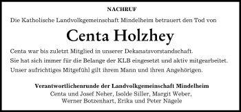 Traueranzeige von Centa Holzhey von Mindelheimer Zeitung
