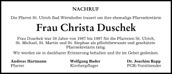 Traueranzeige von Christa Duschek von Mindelheimer Zeitung
