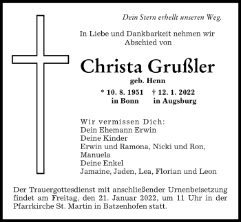 Traueranzeige von Christa Grußler von Augsburger Allgemeine