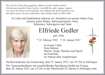 Traueranzeige von Elfriede Gedler von Mindelheimer Zeitung, Augsburger Allgemeine