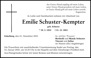 Traueranzeige von Emilie Schuster-Kempter von Augsburg-Land, Günzburger Zeitung