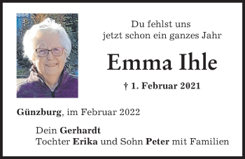 Traueranzeige von Emma Ihle von Günzburger Zeitung