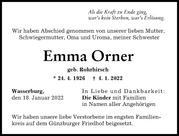 Traueranzeige von Emma Orner von Günzburger Zeitung