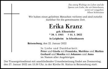 Traueranzeige von Erika Kranz von Günzburger Zeitung