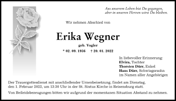 Traueranzeige von Erika Wegner von Günzburger Zeitung
