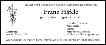 Traueranzeige von Franz Häfele von Günzburger Zeitung