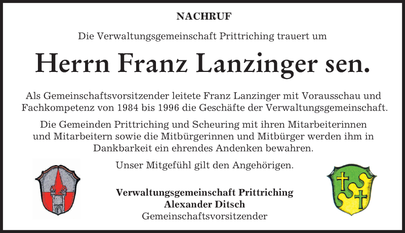  Traueranzeige für Franz Lanzinger vom 24.01.2022 aus Landsberger Tagblatt