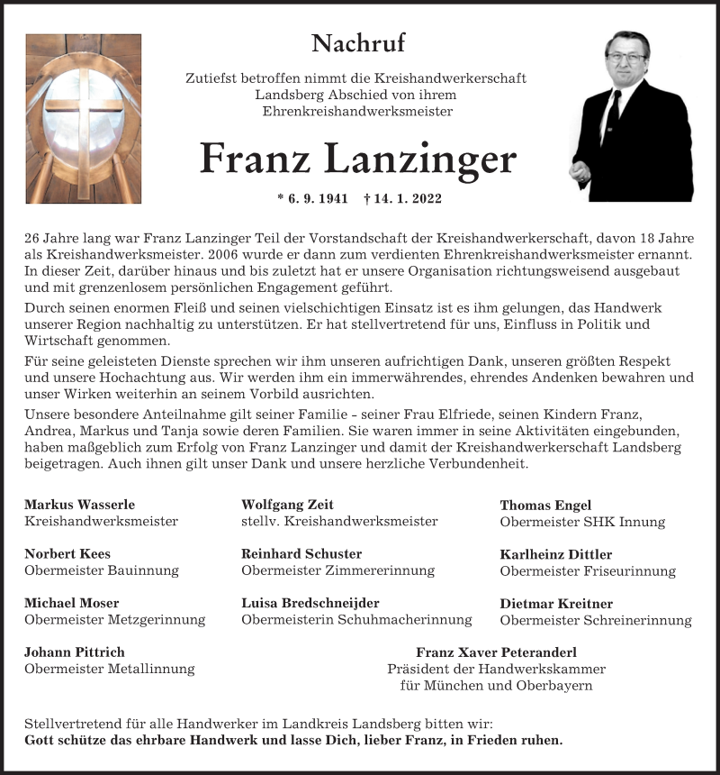  Traueranzeige für Franz Lanzinger vom 24.01.2022 aus Landsberger Tagblatt