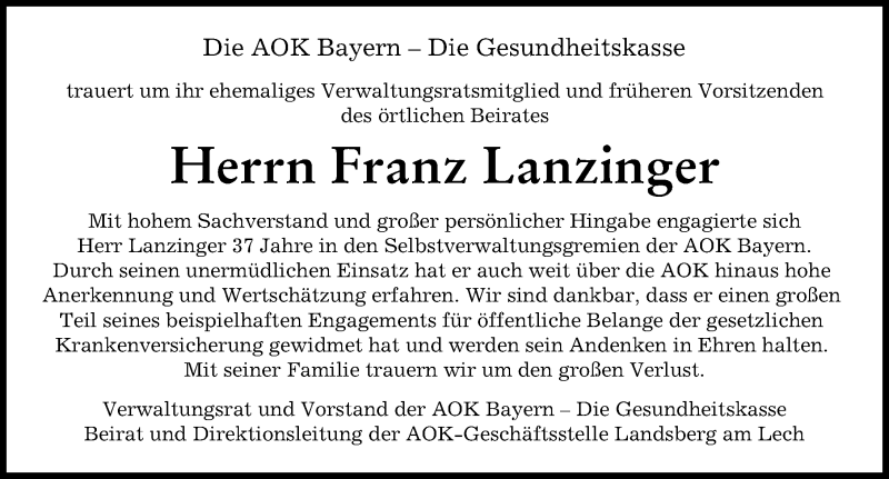  Traueranzeige für Franz Lanzinger vom 24.01.2022 aus Landsberger Tagblatt