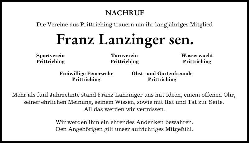  Traueranzeige für Franz Lanzinger vom 24.01.2022 aus Landsberger Tagblatt