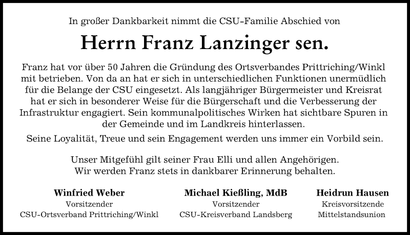  Traueranzeige für Franz Lanzinger vom 24.01.2022 aus Landsberger Tagblatt