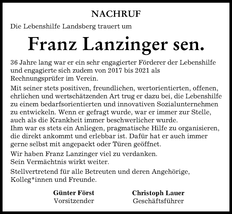  Traueranzeige für Franz Lanzinger vom 24.01.2022 aus Landsberger Tagblatt