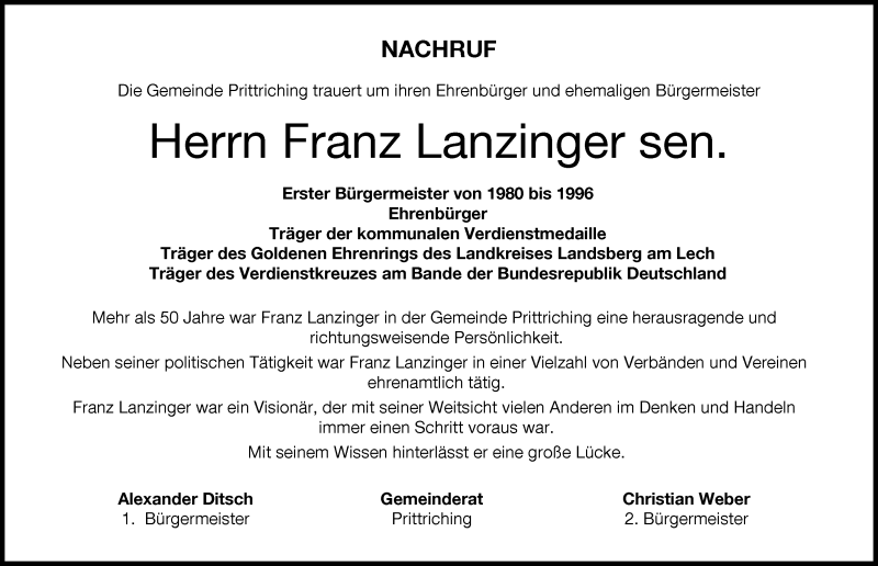  Traueranzeige für Franz Lanzinger vom 24.01.2022 aus Landsberger Tagblatt