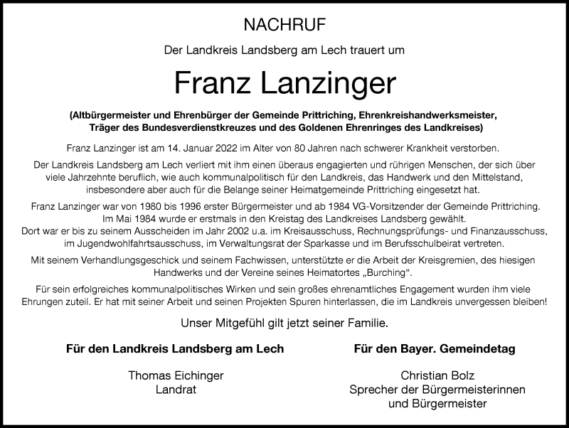  Traueranzeige für Franz Lanzinger vom 24.01.2022 aus Landsberger Tagblatt