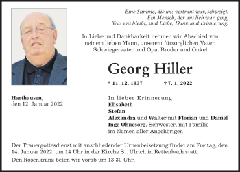 Traueranzeige von Georg Hiller von Günzburger Zeitung
