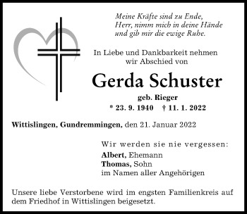 Traueranzeige von Gerda Schuster von Günzburger Zeitung