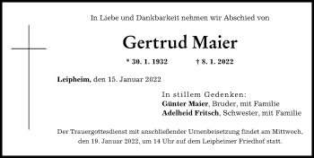 Traueranzeige von Gertrud Maier von Günzburger Zeitung