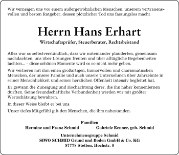 Traueranzeige von Hans Erhart von Allgäuer Zeitung, Kaufbeuren/Buchloe