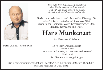 Traueranzeige von Hans Munkenast von Neu-Ulmer Zeitung, Günzburger Zeitung