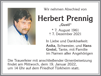 Traueranzeige von Herbert Prennig von Augsburger Allgemeine, Mindelheimer Zeitung