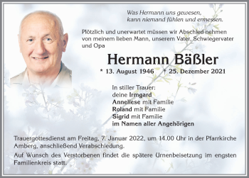 Traueranzeige von Hermann Bäßler von Mindelheimer Zeitung