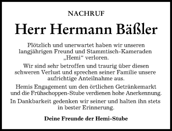 Traueranzeige von Hermann Bäßler von Mindelheimer Zeitung