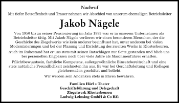 Traueranzeige von Jakob Nägele von Augsburger Allgemeine, Illertisser Zeitung