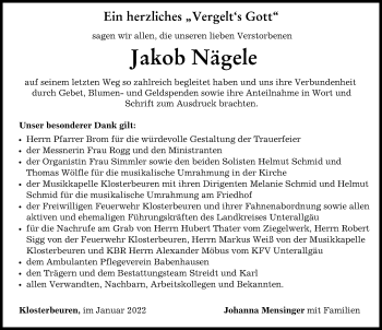 Traueranzeige von Jakob Nägele von Illertisser Zeitung