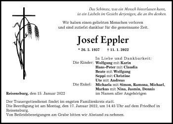 Traueranzeige von Josef Eppler von Günzburger Zeitung