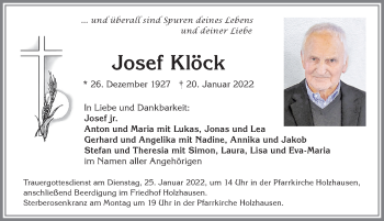Traueranzeige von Josef Klöck von Landsberger Tagblatt, Augsburger Allgemeine