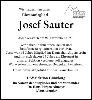 Traueranzeige von Josef Sauter von Günzburger Zeitung