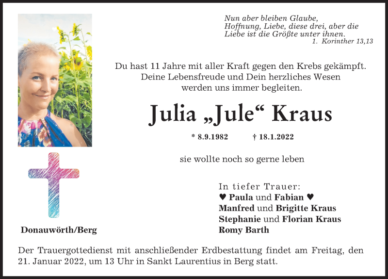  Traueranzeige für Julia Kraus vom 20.01.2022 aus Donauwörther Zeitung