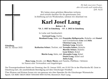 Traueranzeige von Karl Josef Lang von Günzburger Zeitung