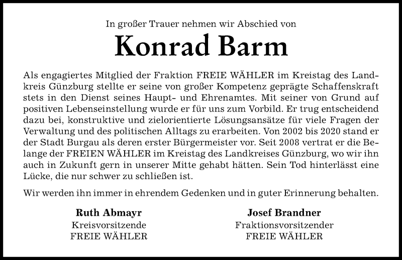  Traueranzeige für Konrad Barm vom 28.01.2022 aus Günzburger Zeitung