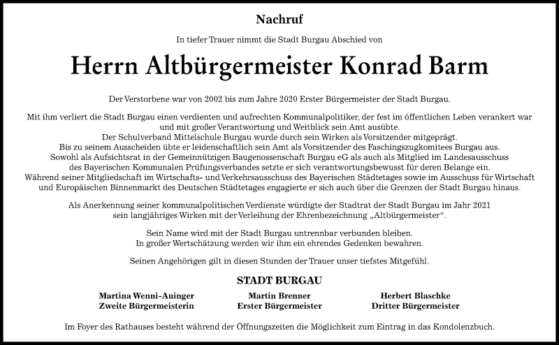  Traueranzeige für Konrad Barm vom 28.01.2022 aus Günzburger Zeitung